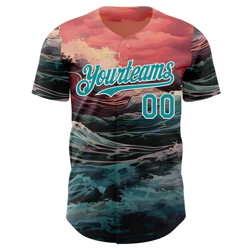 Custom Pink Teal-White Japanese Wave Authentic Baseball Jersey