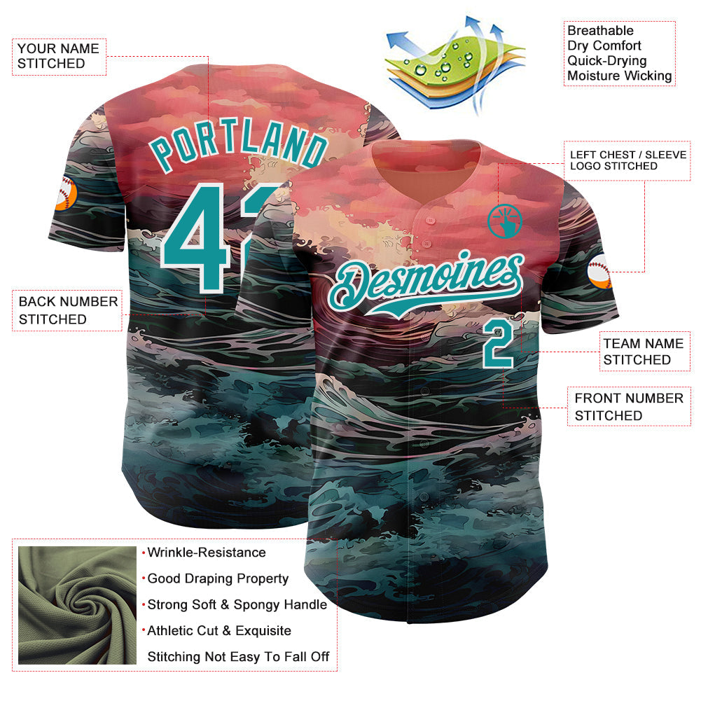 Custom Pink Teal-White Japanese Wave Authentic Baseball Jersey