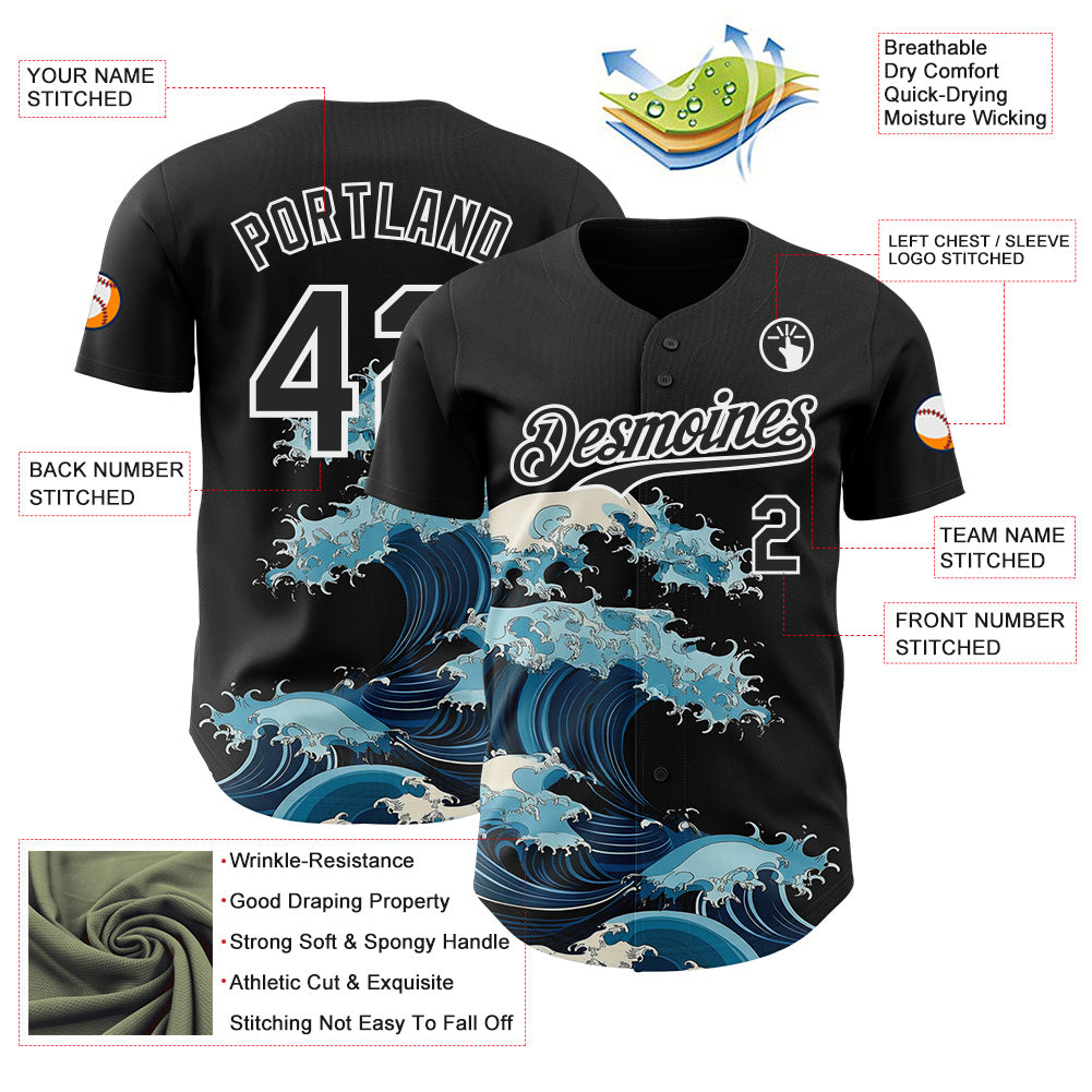 Custom Black-White Japanese Wave Authentic Baseball Jersey