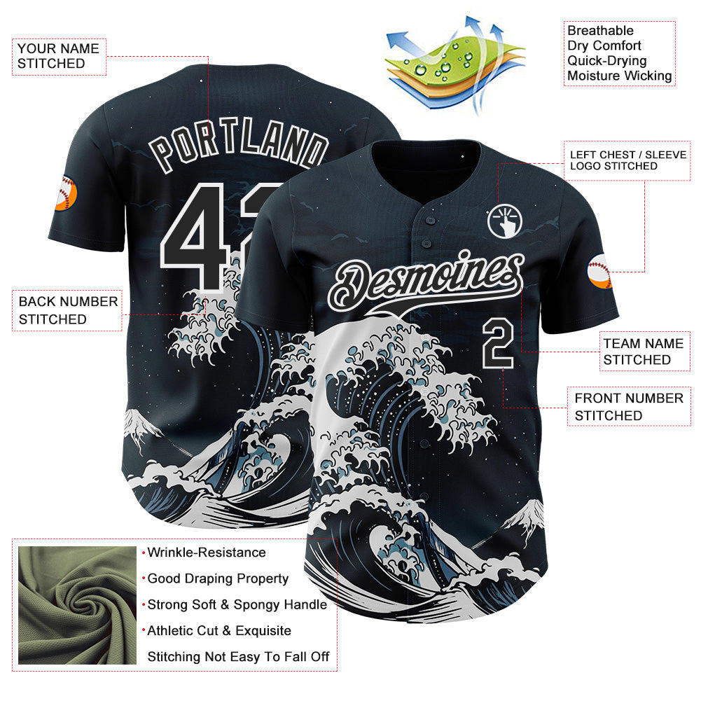 Custom Black-White Japanese Wave Authentic Baseball Jersey