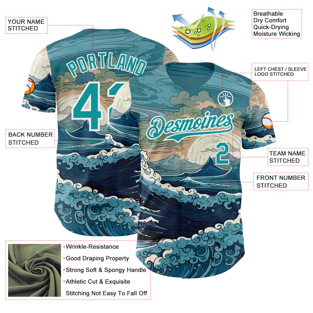 Custom Green Teal-White Japanese Wave Authentic Baseball Jersey
