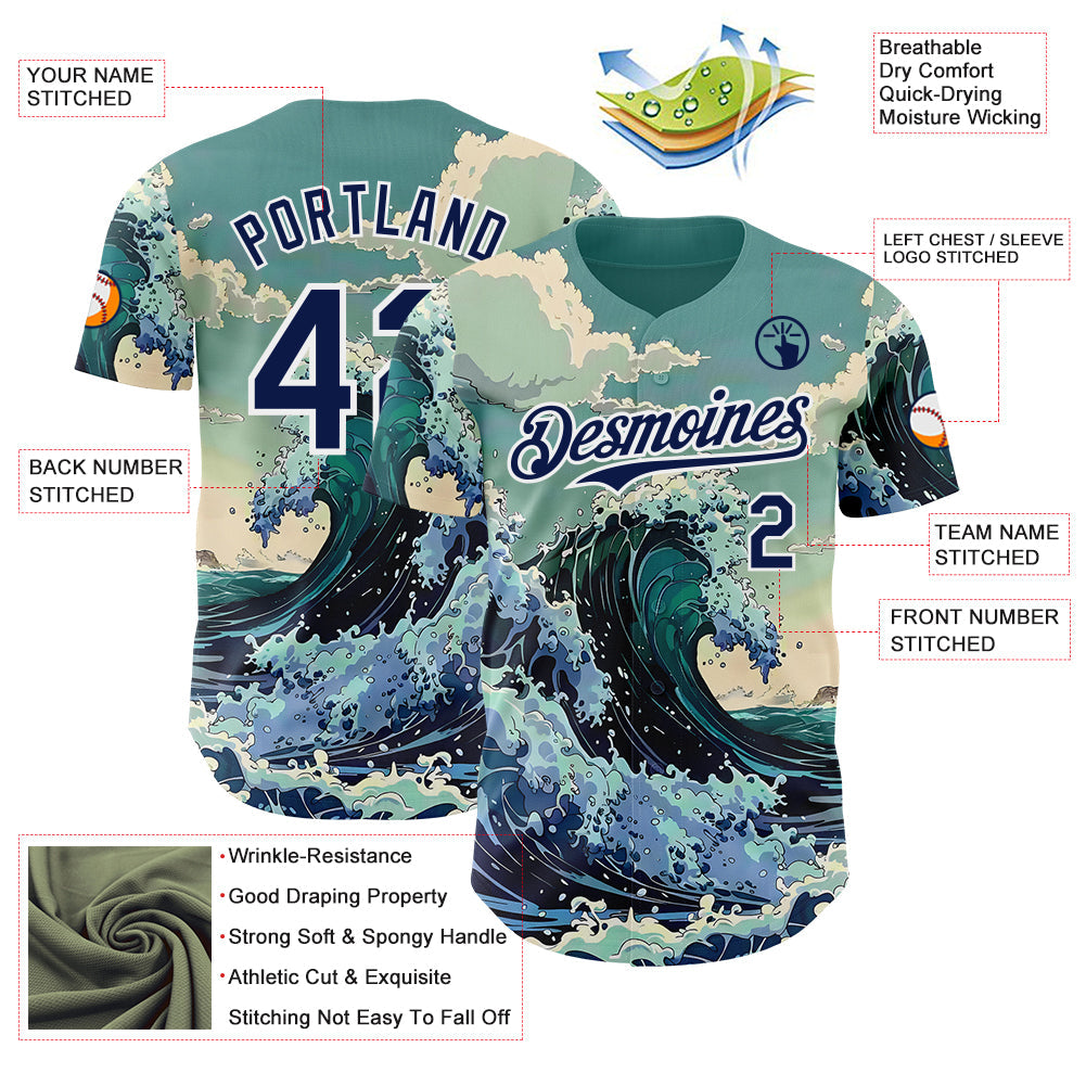 Custom Green Navy-White Japanese Wave Authentic Baseball Jersey