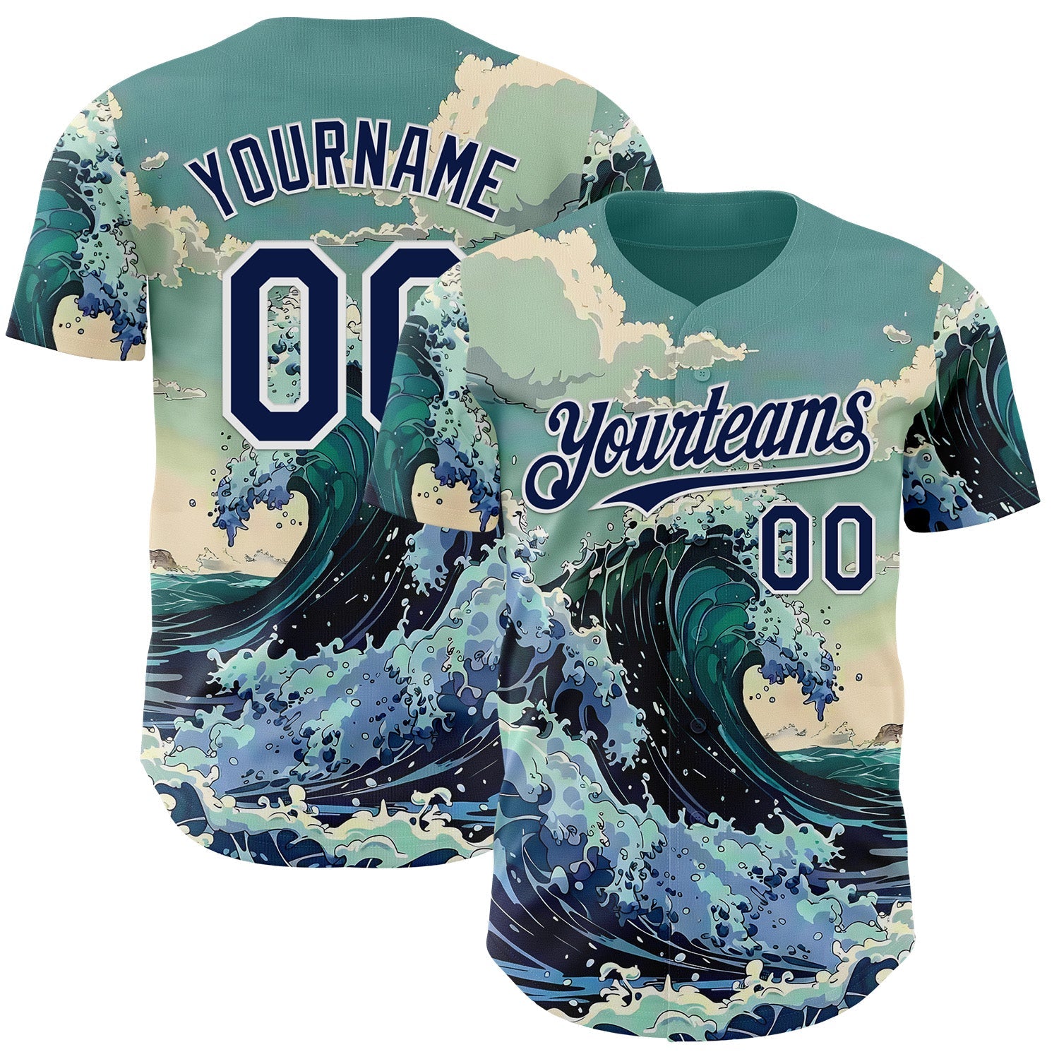Custom Green Navy-White Japanese Wave Authentic Baseball Jersey