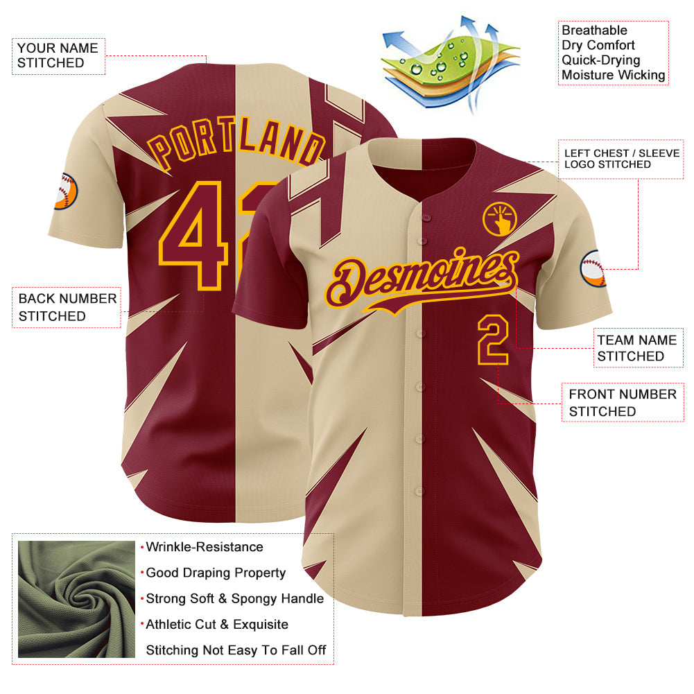Custom City Cream Crimson-Gold Geometric Patchwork Asymmetry Split Authentic Baseball Jersey