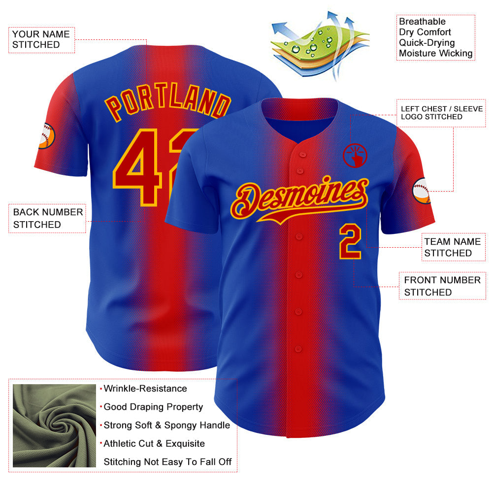 Custom Thunder Blue Red-Gold Geometric Patchwork Asymmetry Gradient Authentic Baseball Jersey