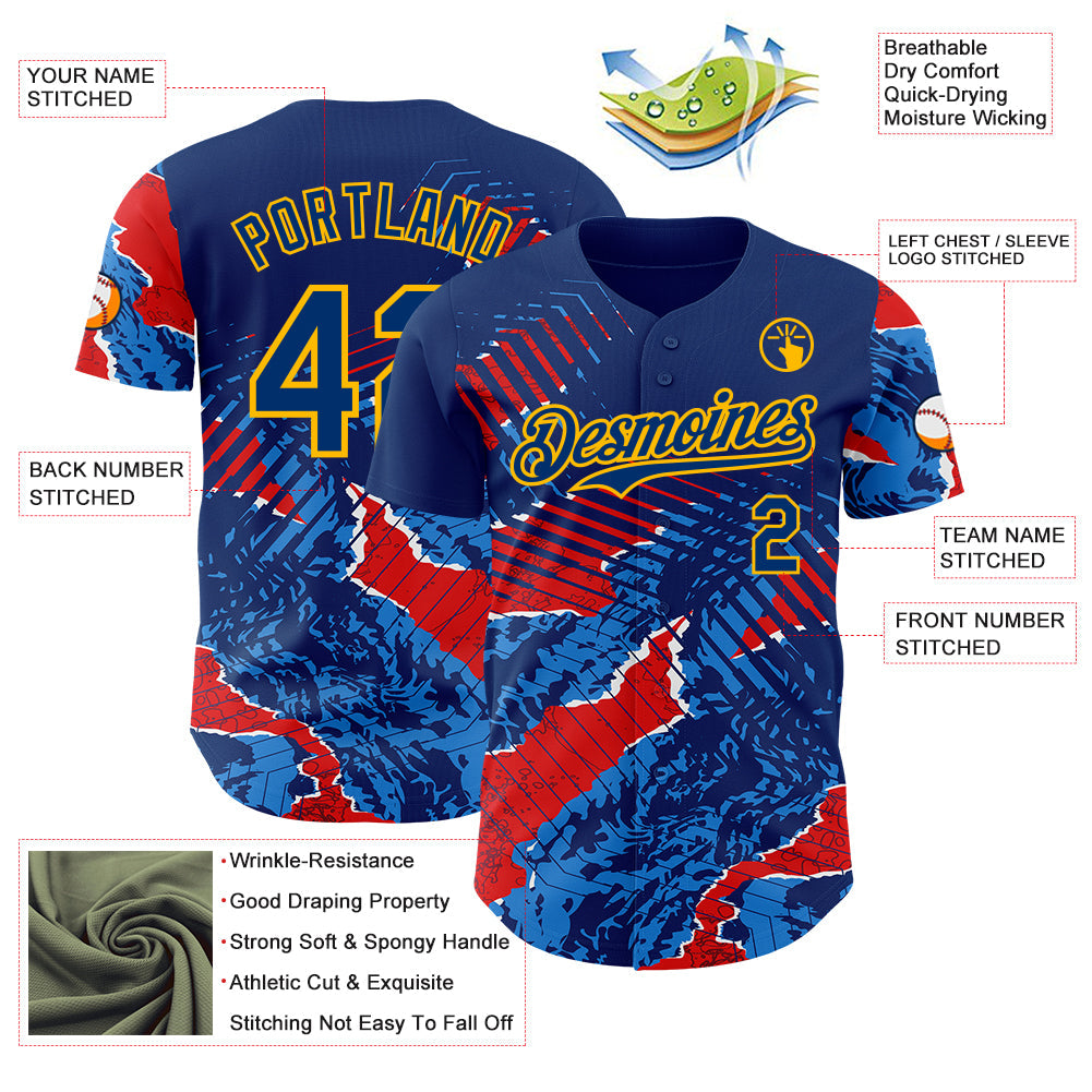 Custom US Navy Blue Red-Gold Geometric Patchwork Asymmetry Authentic Baseball Jersey