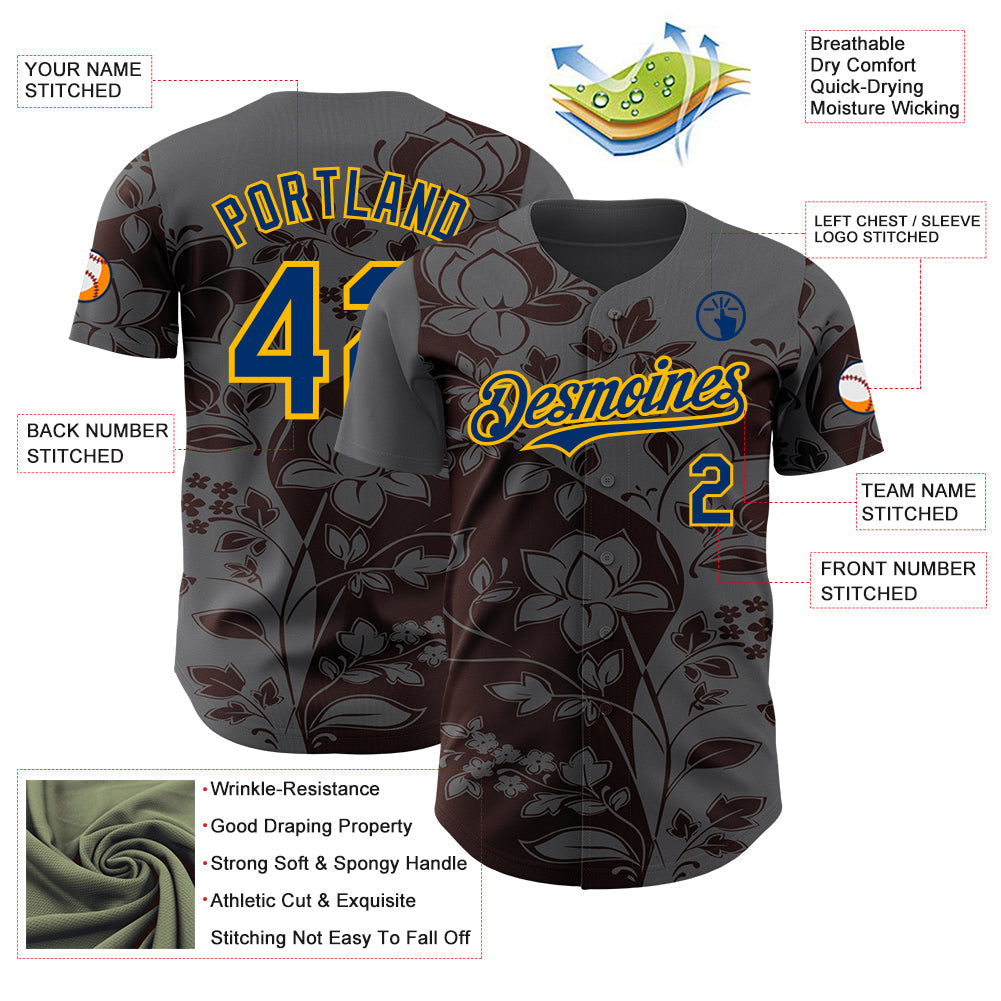 Custom Steel Gray US Navy Blue Brown-Gold Geometric Color Block Asymmetry Tropical Floral Authentic Baseball Jersey