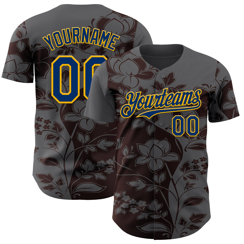 Custom Steel Gray US Navy Blue Brown-Gold Geometric Color Block Asymmetry Tropical Floral Authentic Baseball Jersey