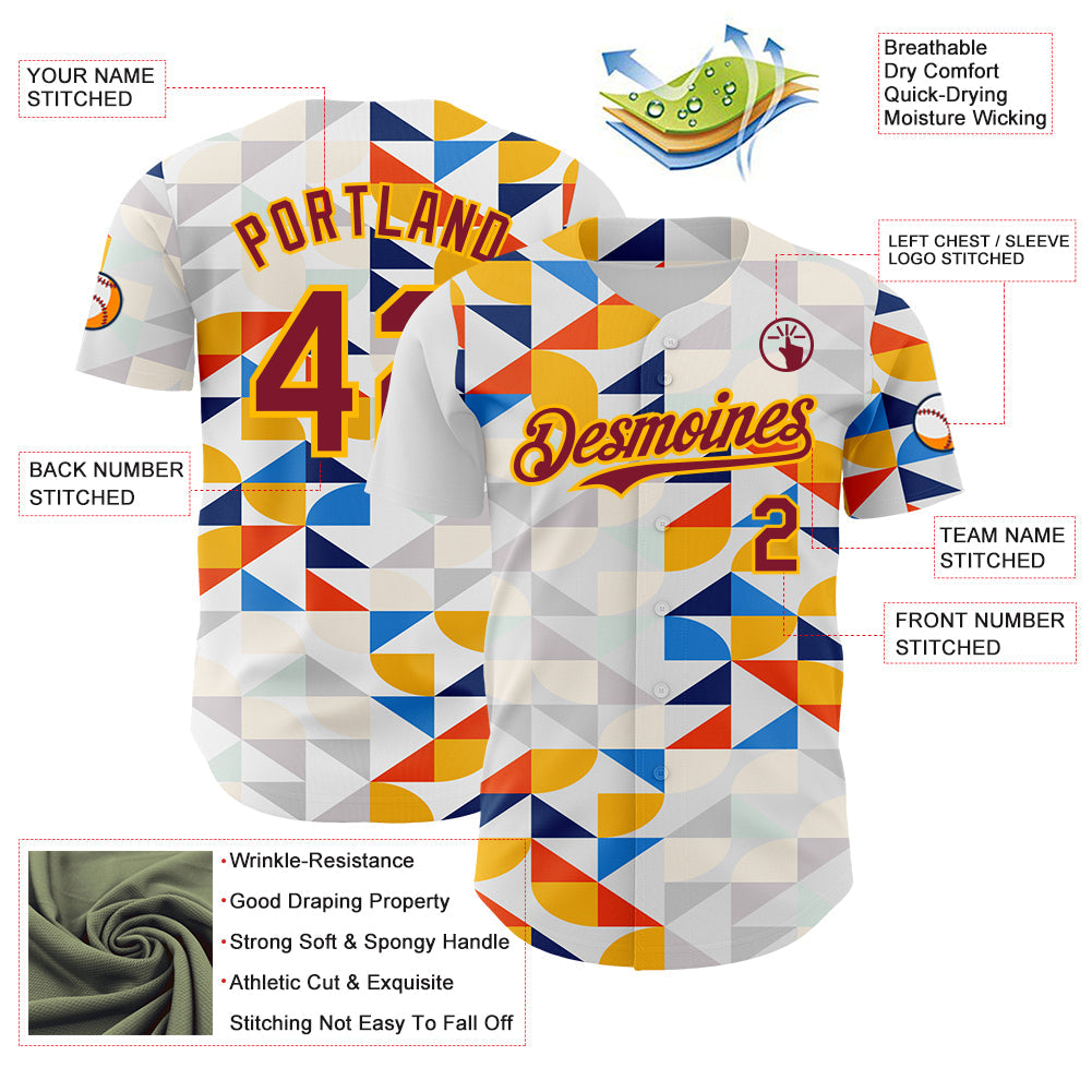 Custom White Crimson-Gold Geometric Patchwork Asymmetry Authentic Baseball Jersey