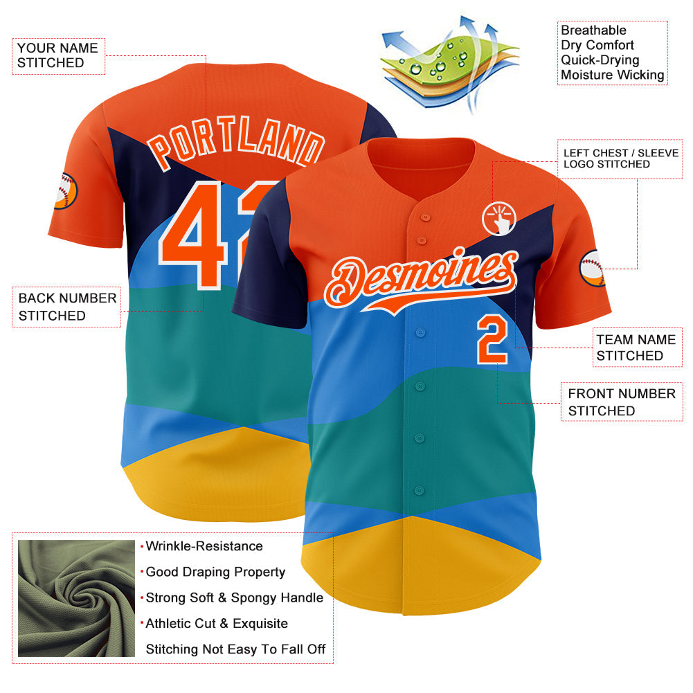 Custom Orange Blue Yellow-White Geometric Patchwork Asymmetry Wave Color Block Authentic Baseball Jersey