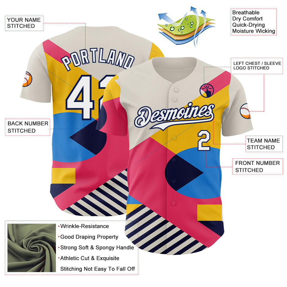 Custom Cream White Neon Pink Yellow-Navy Geometric Patchwork Asymmetry Authentic Baseball Jersey