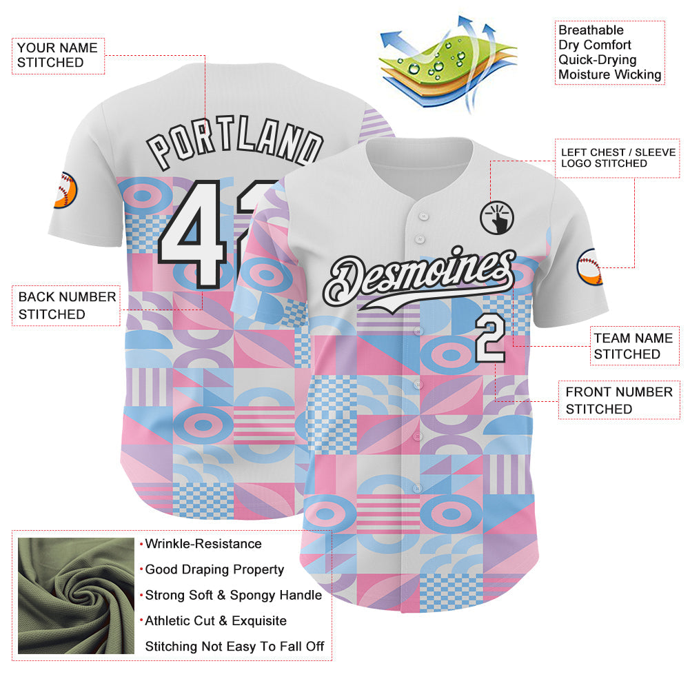 Custom White Pink Blue-Black Geometric Patchwork Asymmetry Authentic Baseball Jersey