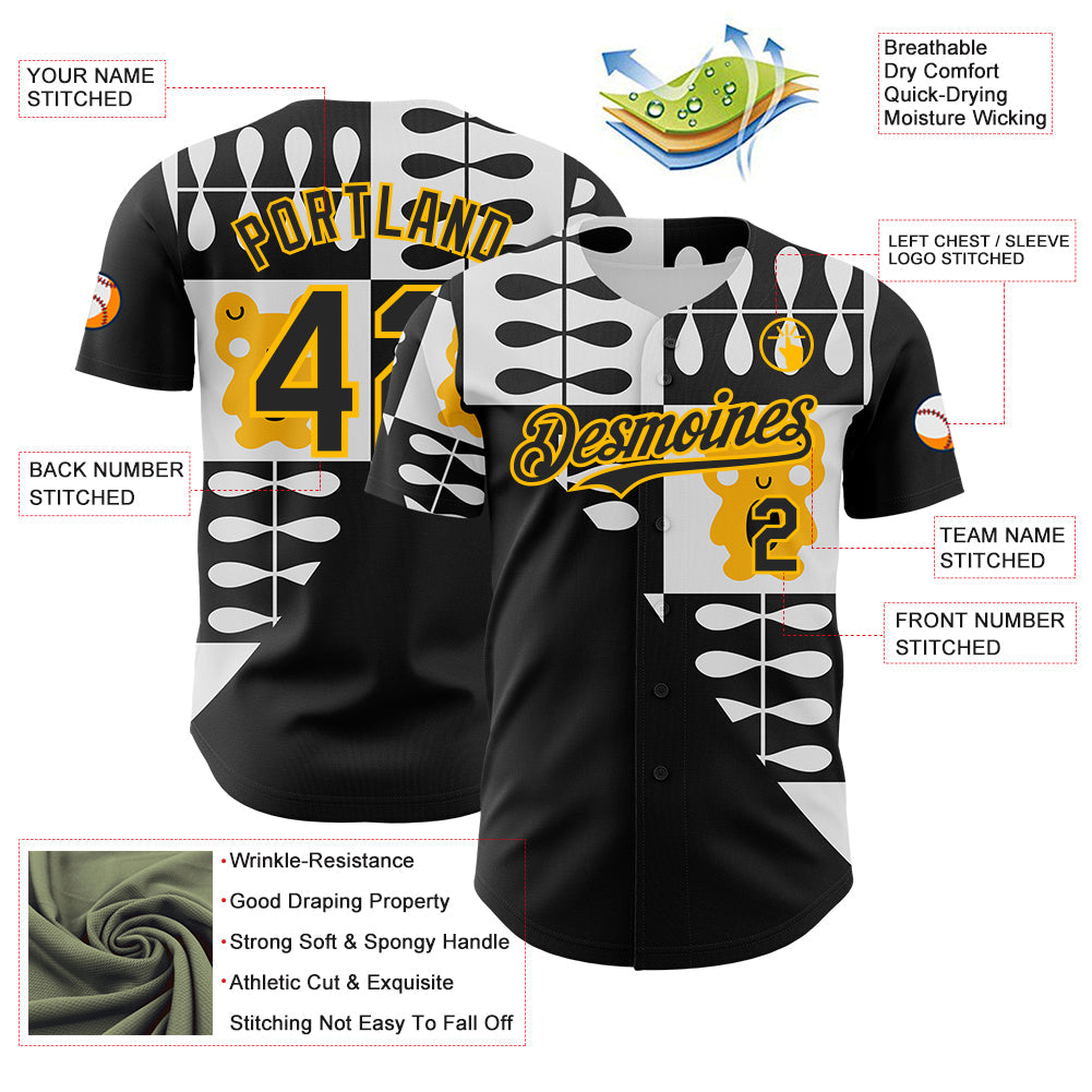 Custom White Black-Gold Geometric Patchwork Asymmetry Authentic Baseball Jersey