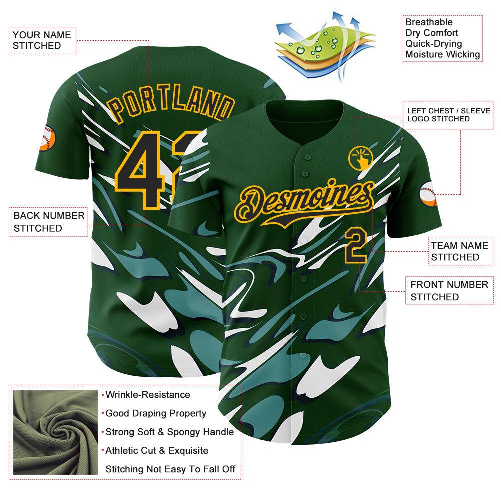 Custom Green Black-Gold Geometric Patchwork Asymmetry Fluid Swirl Authentic Baseball Jersey