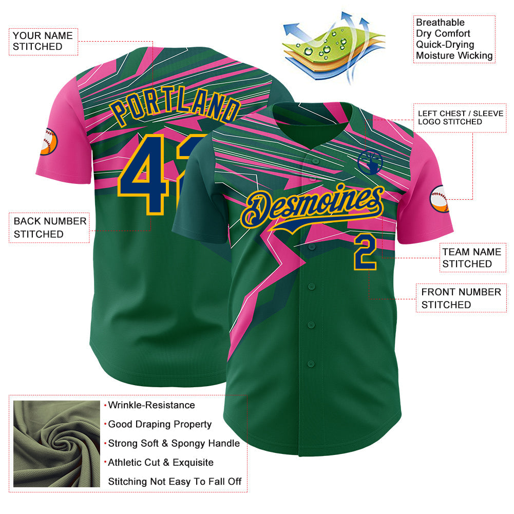 Custom Green US Navy Blue Hot Pink-Gold Geometric Patchwork Asymmetry Authentic Baseball Jersey