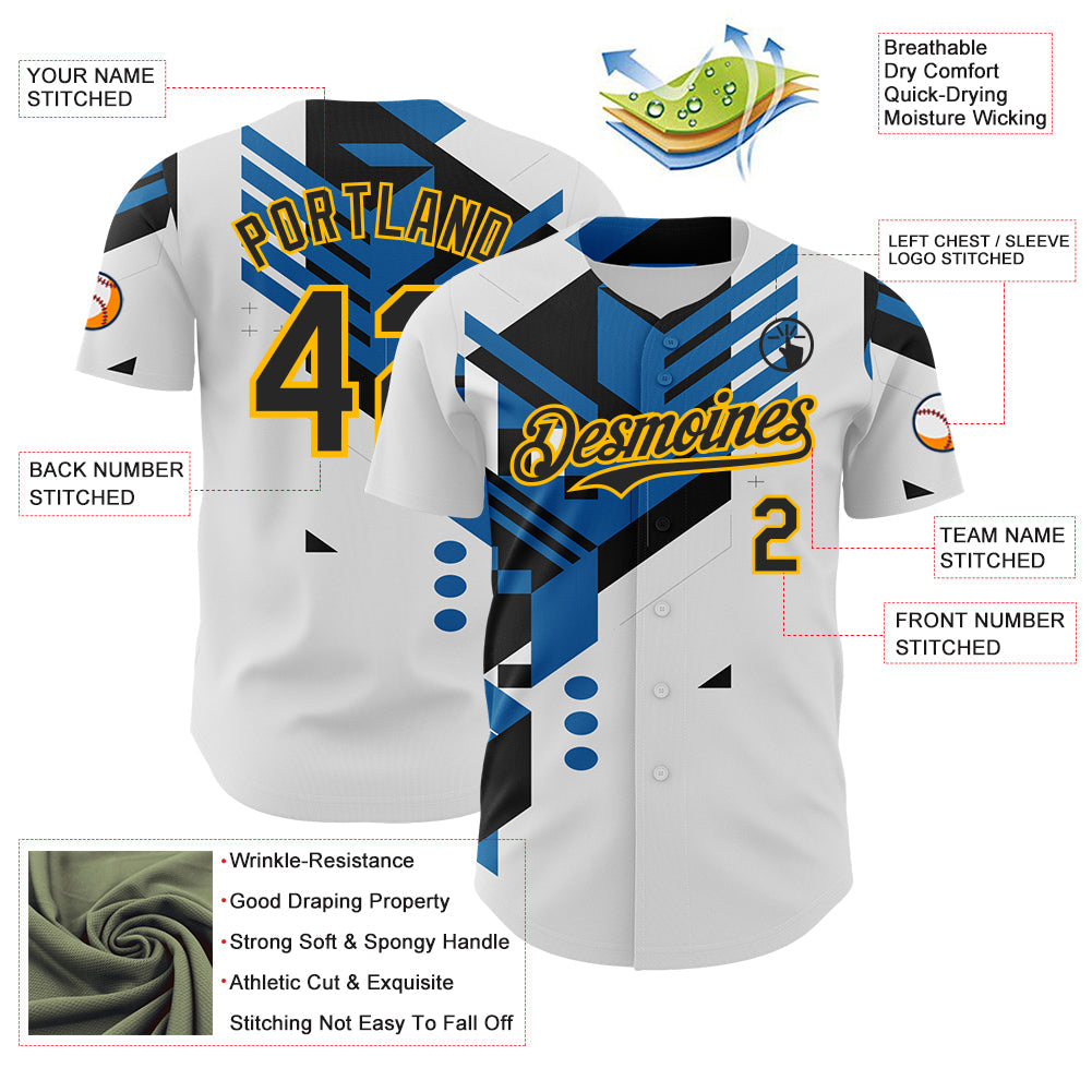 Custom White Black Blue-Gold Geometric Patchwork Asymmetry Authentic Baseball Jersey