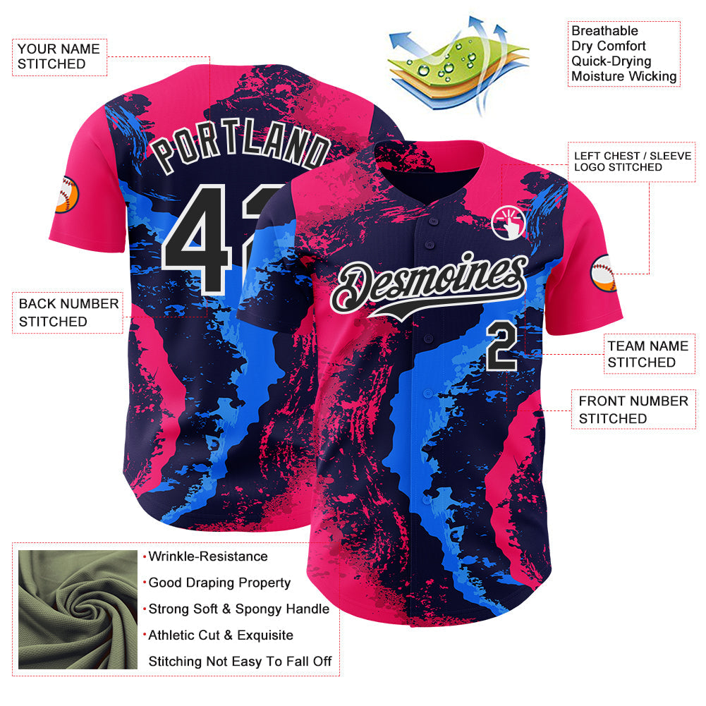 Custom Pink Black Blue-White Geometric Patchwork Asymmetry Fluid Swirl Splatter Authentic Baseball Jersey