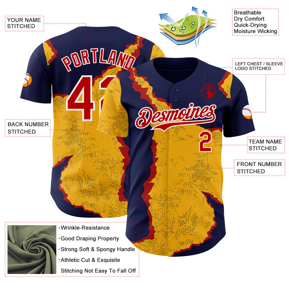Custom Navy Red Gold-White Geometric Patchwork Asymmetry Torn Authentic Baseball Jersey
