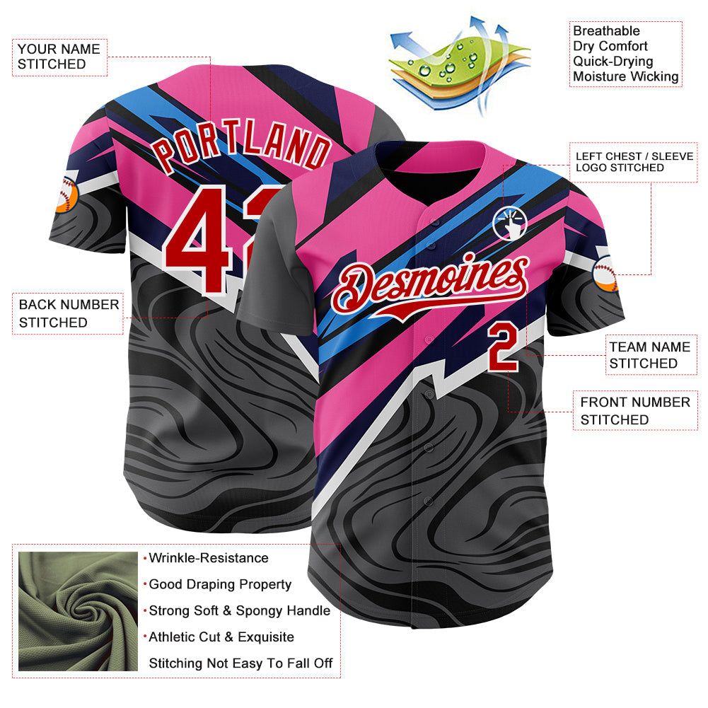 Custom Gray Red Pink Blue-White Geometric Patchwork Asymmetry Fluid Swirl Authentic Baseball Jersey