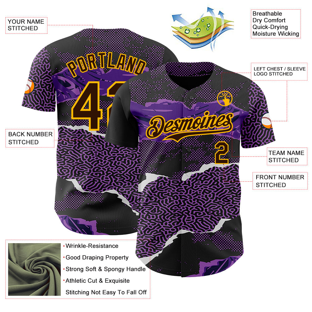 Custom Purple Brown Black-Gold Geometric Patchwork Asymmetry Torn Authentic Baseball Jersey