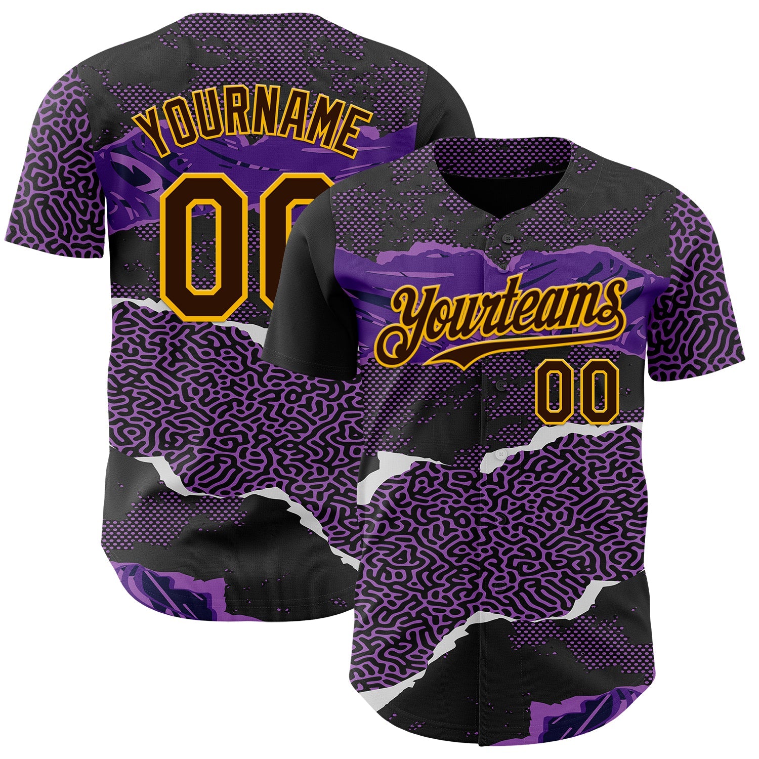 Custom Purple Brown Black-Gold Geometric Patchwork Asymmetry Torn Authentic Baseball Jersey