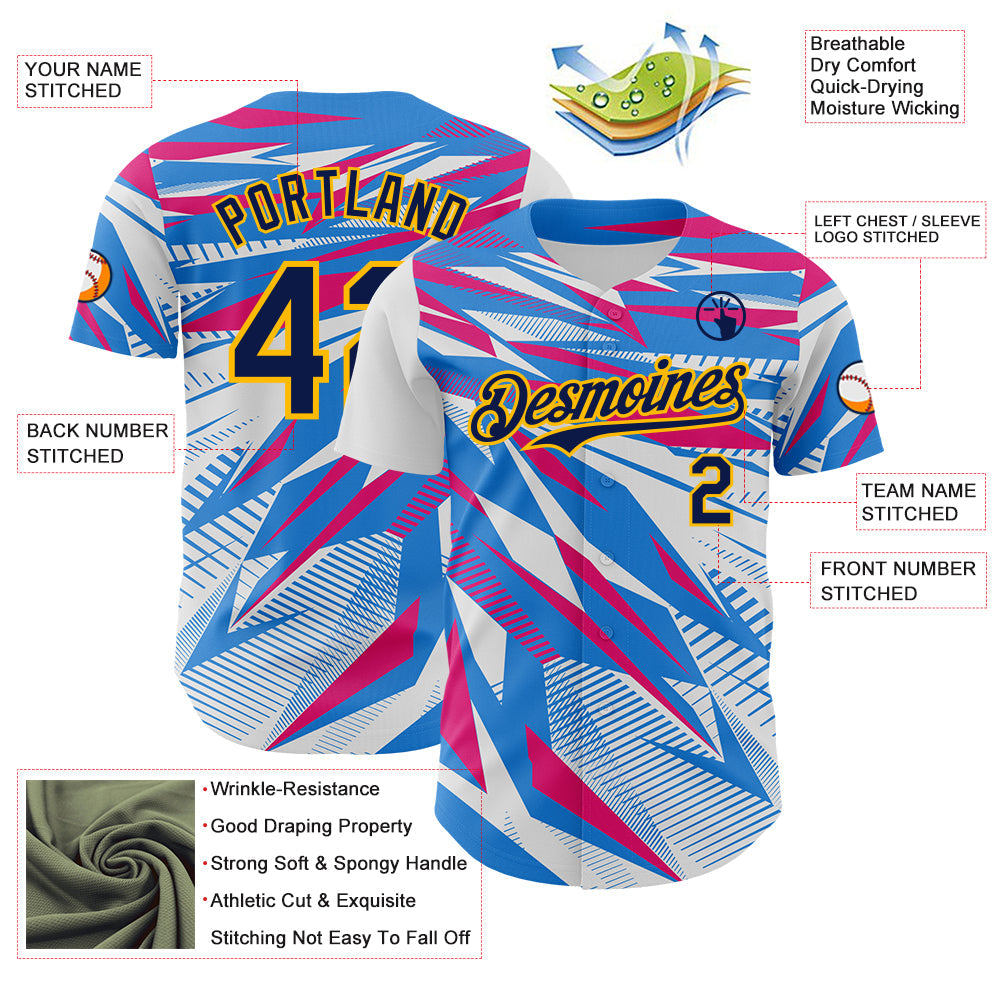 Custom White Navy Blue Hot Pink-Gold Geometric Patchwork Asymmetry Authentic Baseball Jersey