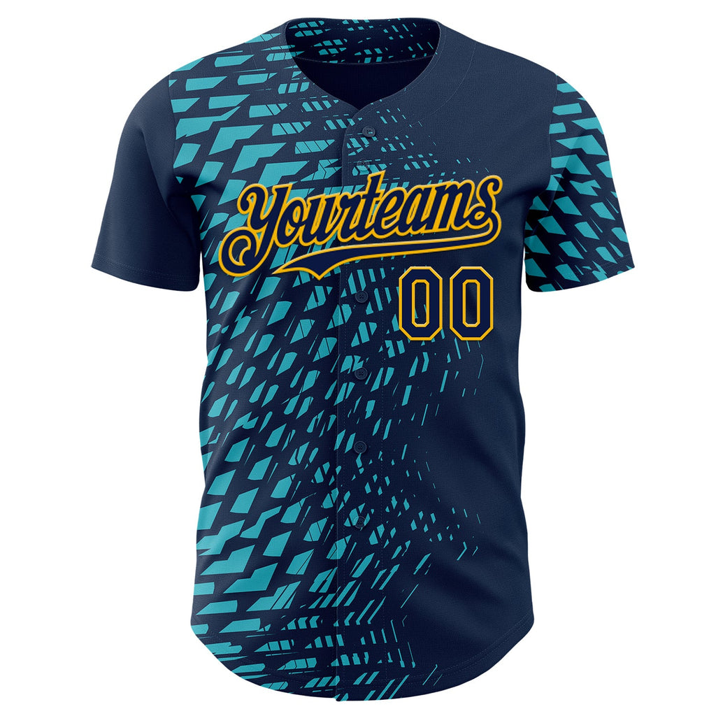 Custom Blue Navy-Gold Geometric Patchwork Asymmetry Authentic Baseball Jersey