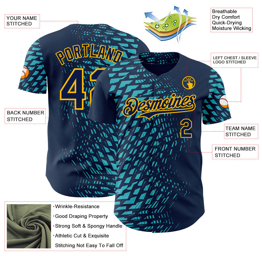 Custom Blue Navy-Gold Geometric Patchwork Asymmetry Authentic Baseball Jersey