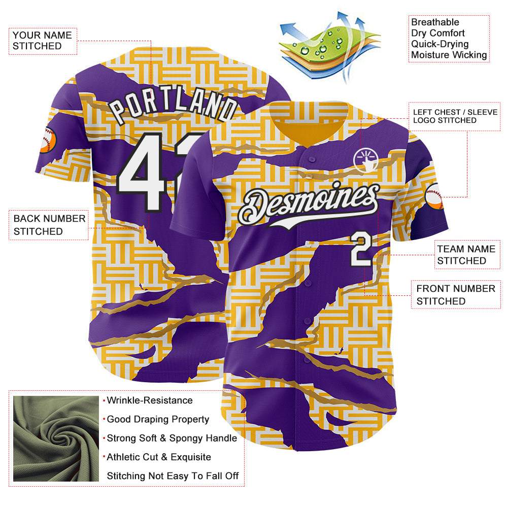Custom Gold White Purple-Black Geometric Patchwork Asymmetry Torn Authentic Baseball Jersey