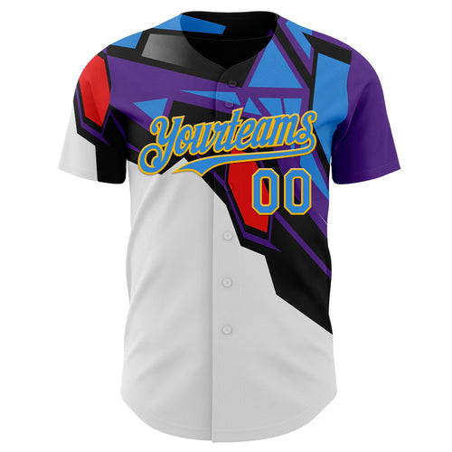Custom Black Electric Blue Purple Red-Gold Geometric Patchwork Asymmetry Authentic Baseball Jersey