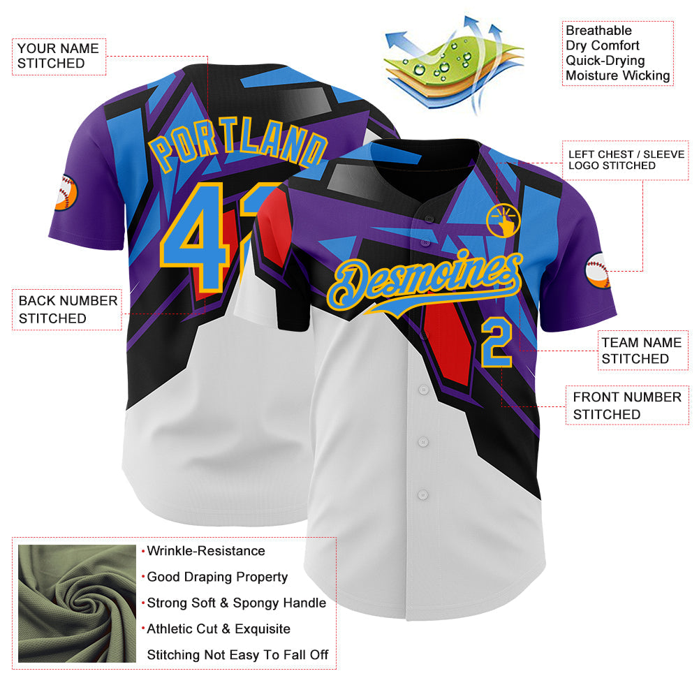 Custom Black Electric Blue Purple Red-Gold Geometric Patchwork Asymmetry Authentic Baseball Jersey