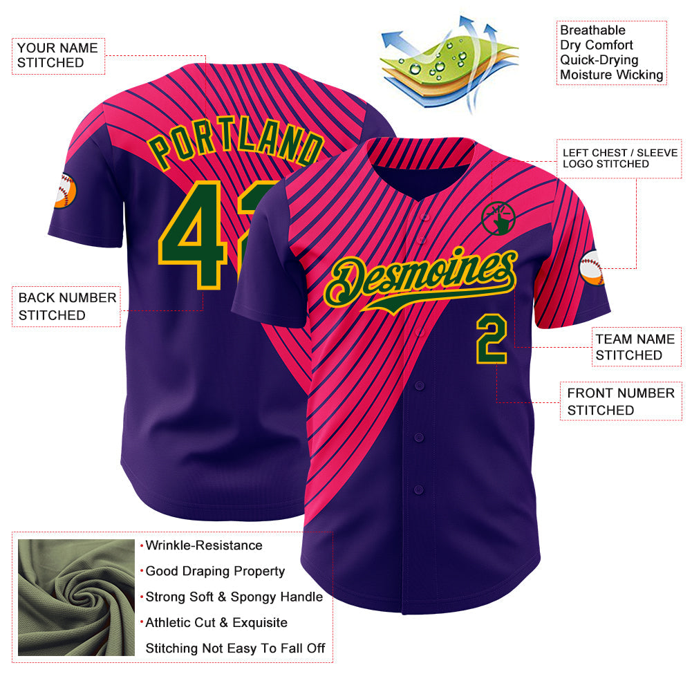 Custom Purple Green Hot Pink-Gold Geometric Patchwork Asymmetry Authentic Baseball Jersey