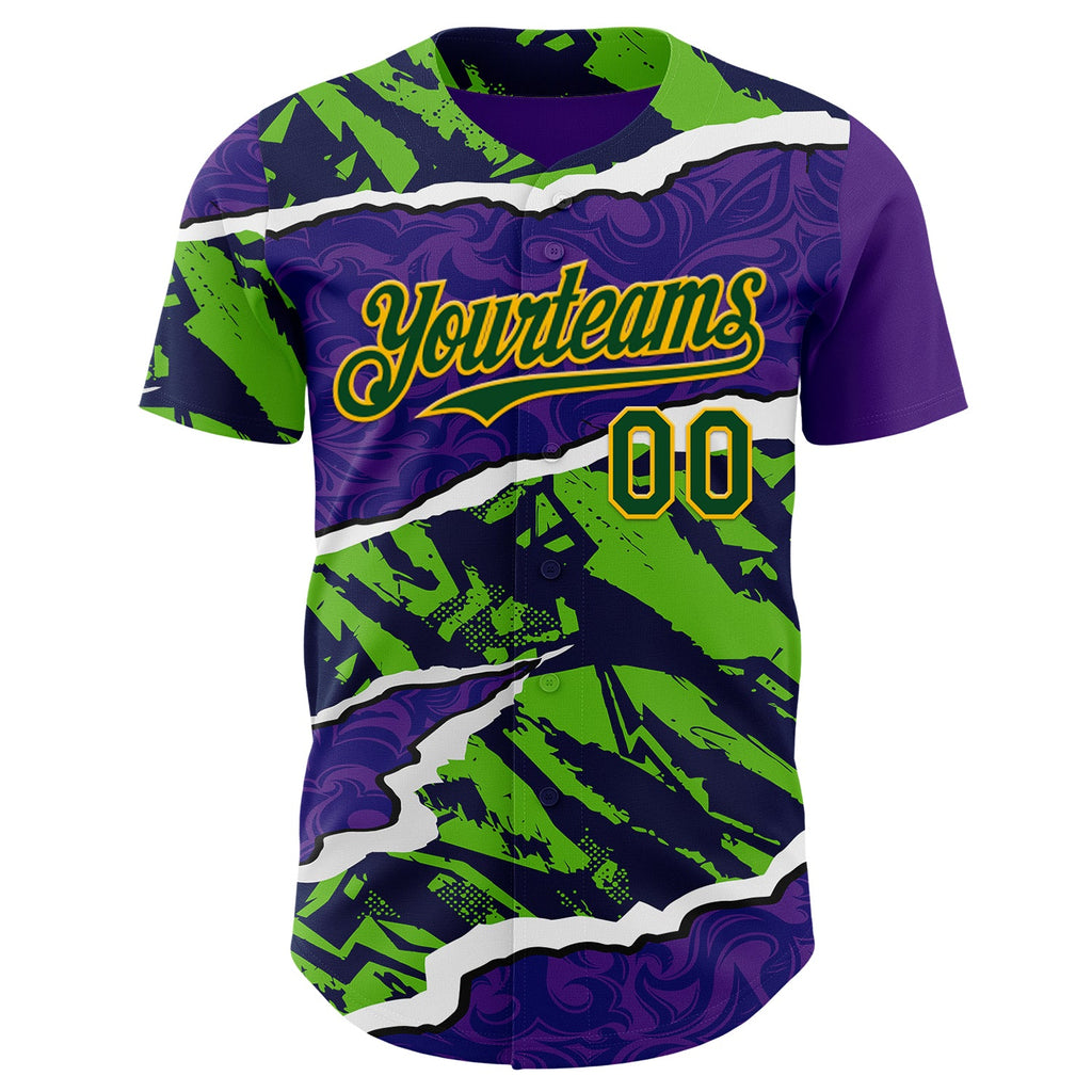 Custom Purple Green-Gold Geometric Patchwork Asymmetry Torn Authentic Baseball Jersey