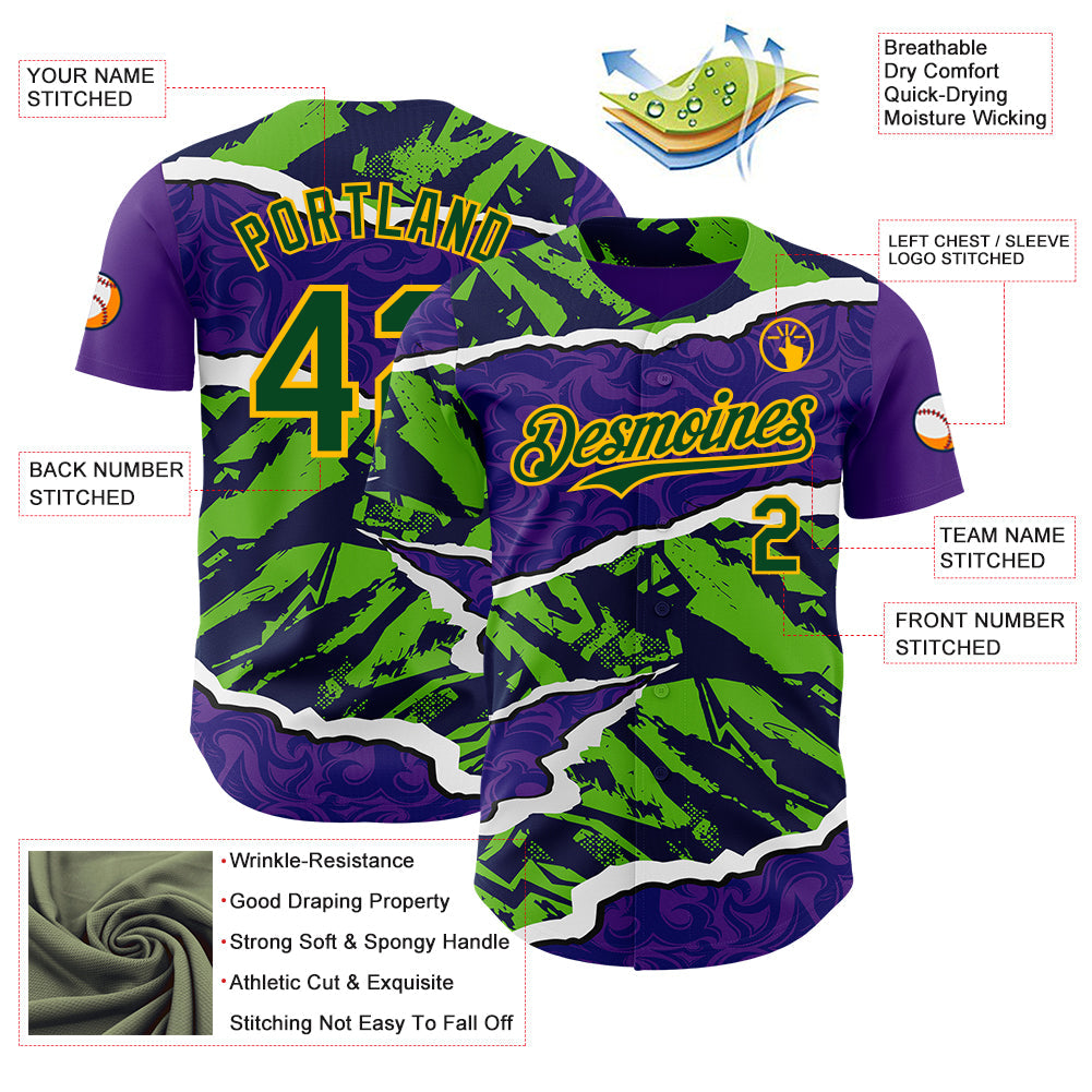 Custom Purple Green-Gold Geometric Patchwork Asymmetry Torn Authentic Baseball Jersey