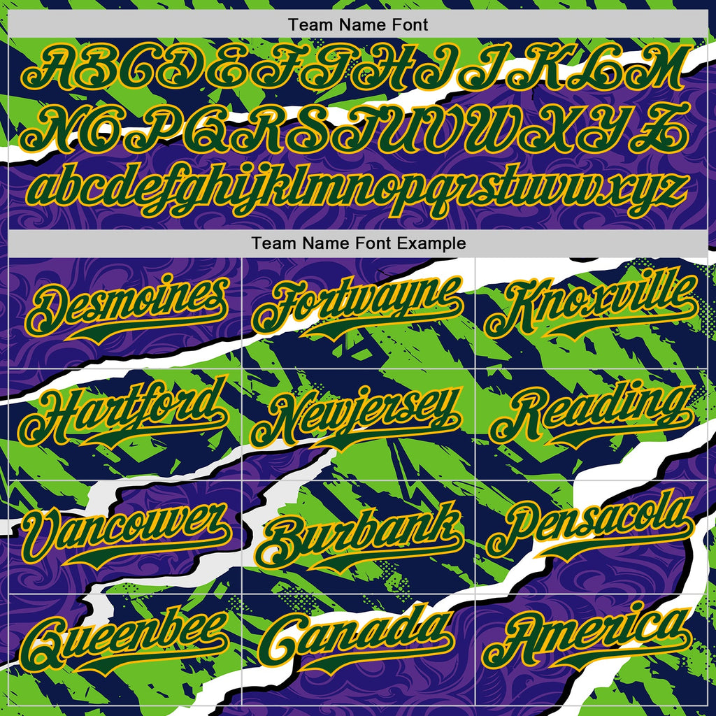 Custom Purple Green-Gold Geometric Patchwork Asymmetry Torn Authentic Baseball Jersey
