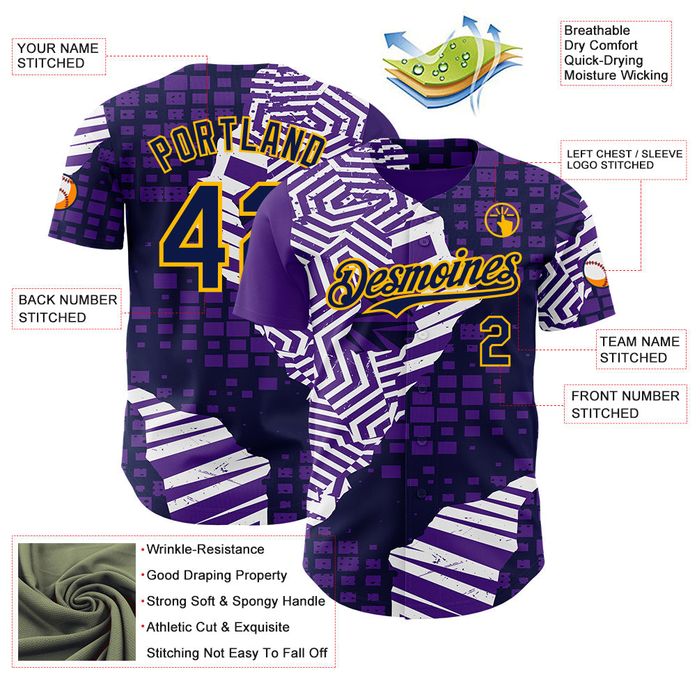 Custom Purple Navy-Gold Geometric Patchwork Asymmetry Torn Authentic Baseball Jersey
