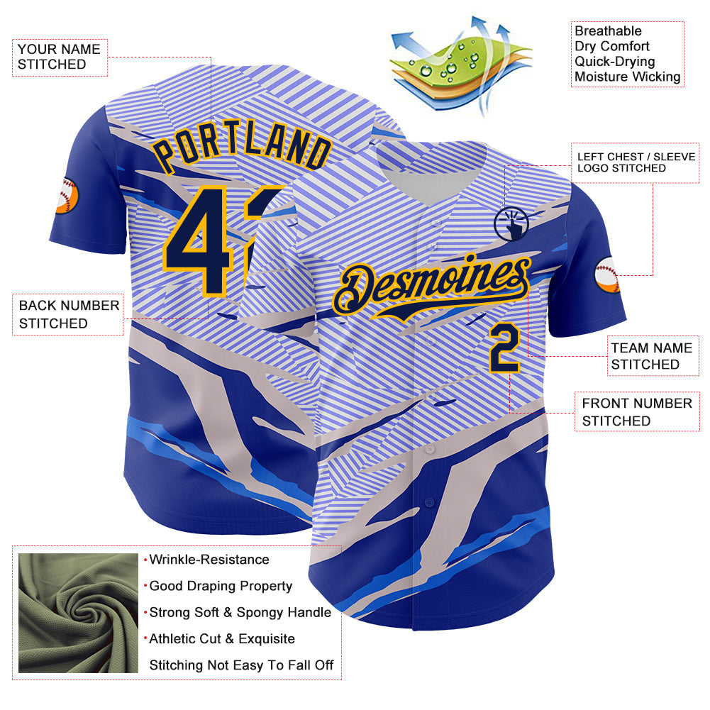 Custom Blue Navy Gray-Gold Geometric Patchwork Asymmetry Torn Authentic Baseball Jersey