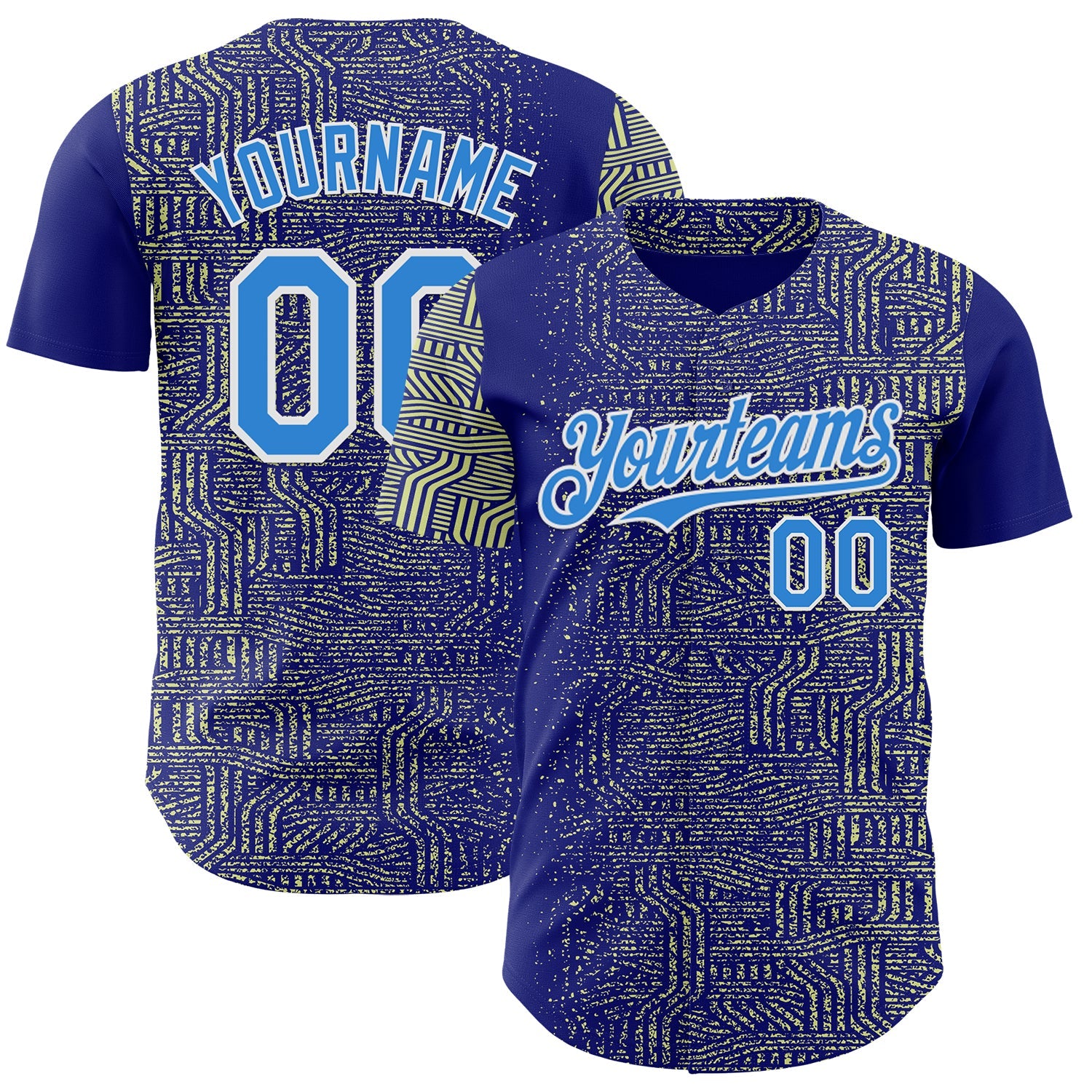 Custom Blue Electric Blue Green-White Geometric Patchwork Asymmetry Authentic Baseball Jersey