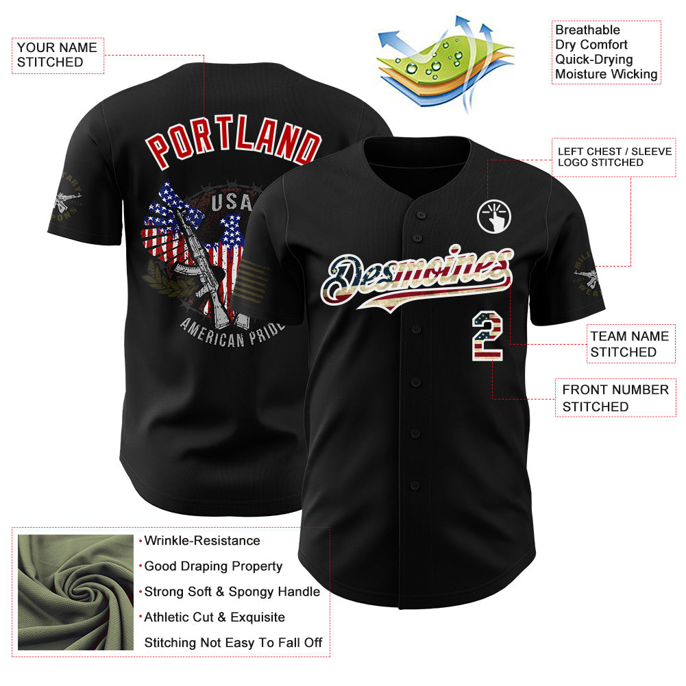 Custom Black Vintage USA Flag White-Red Patriotic Authentic Baseball Jersey