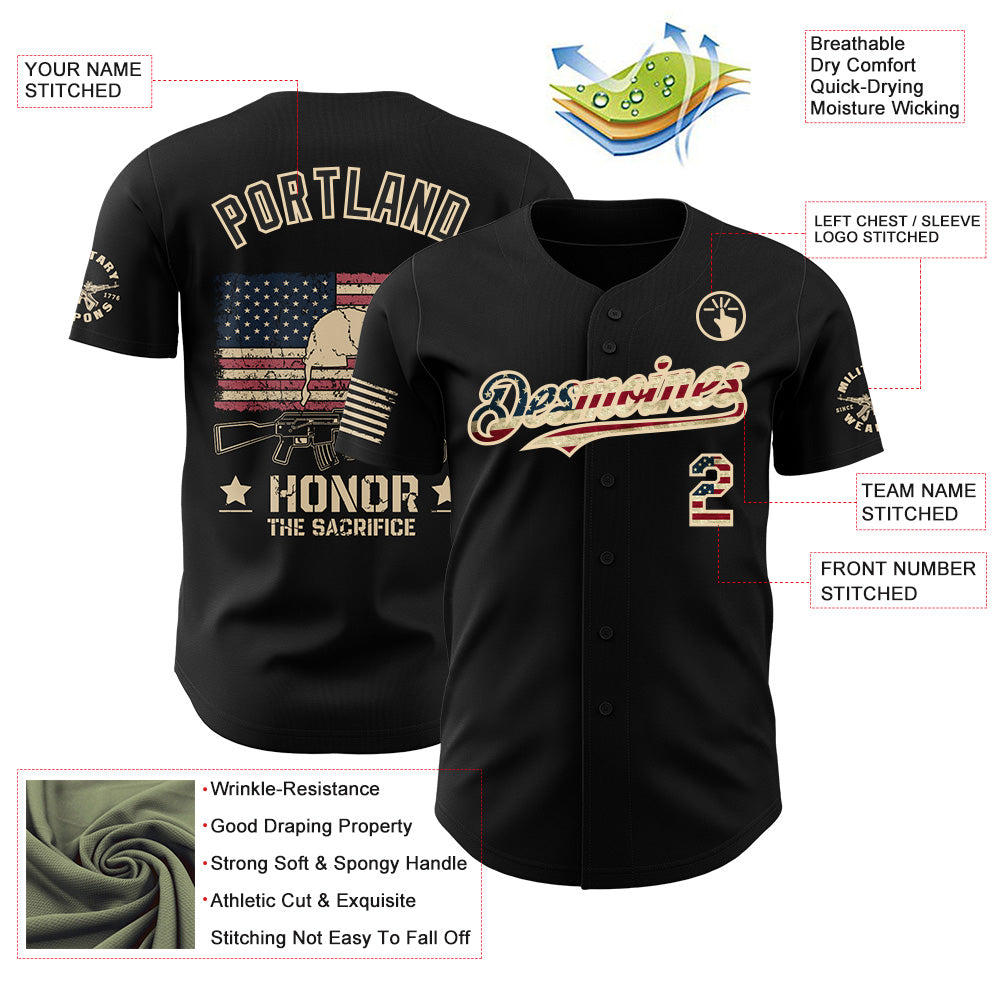 Custom Black Vintage USA Flag-City Cream Military Veteran Authentic Baseball Jersey