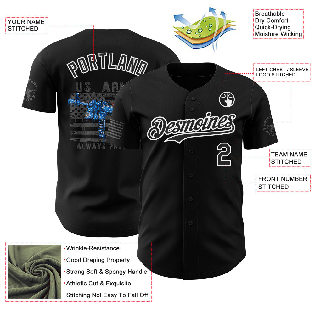 Custom Black-White USA Flag Patriotic Army Authentic Baseball Jersey