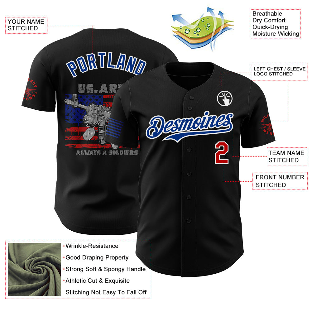 Custom Black Red White-Royal USA Flag Patriotic Army Authentic Baseball Jersey
