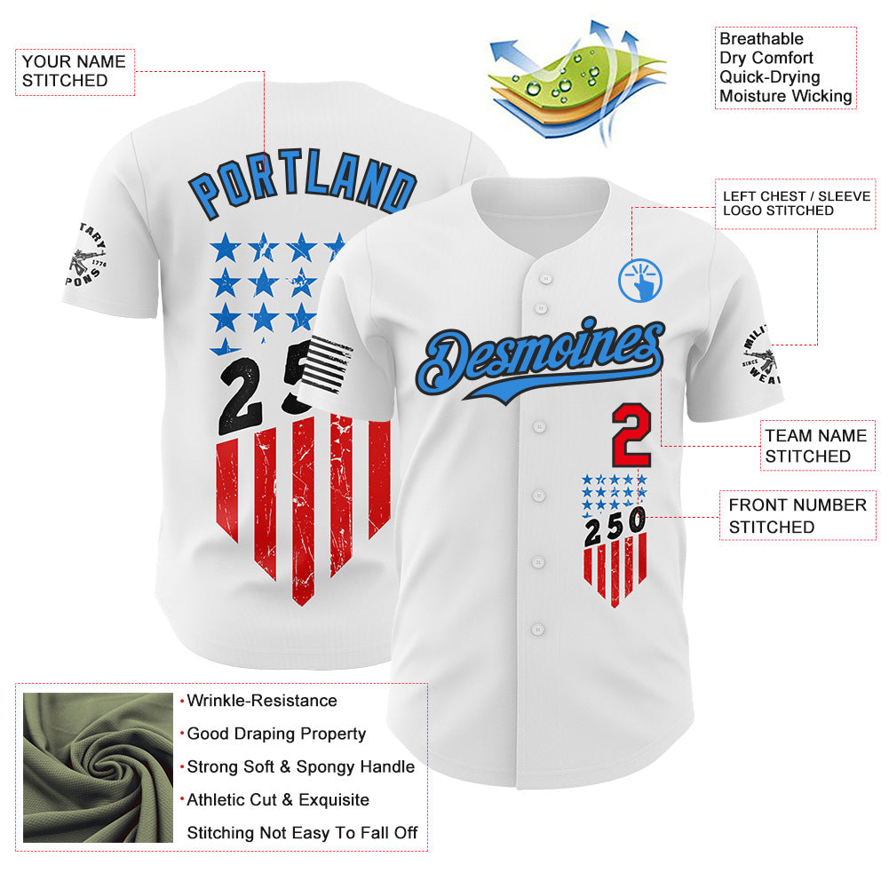 Custom White Fire Red Black-Electric Blue USA Flag Patriotic Authentic Baseball Jersey
