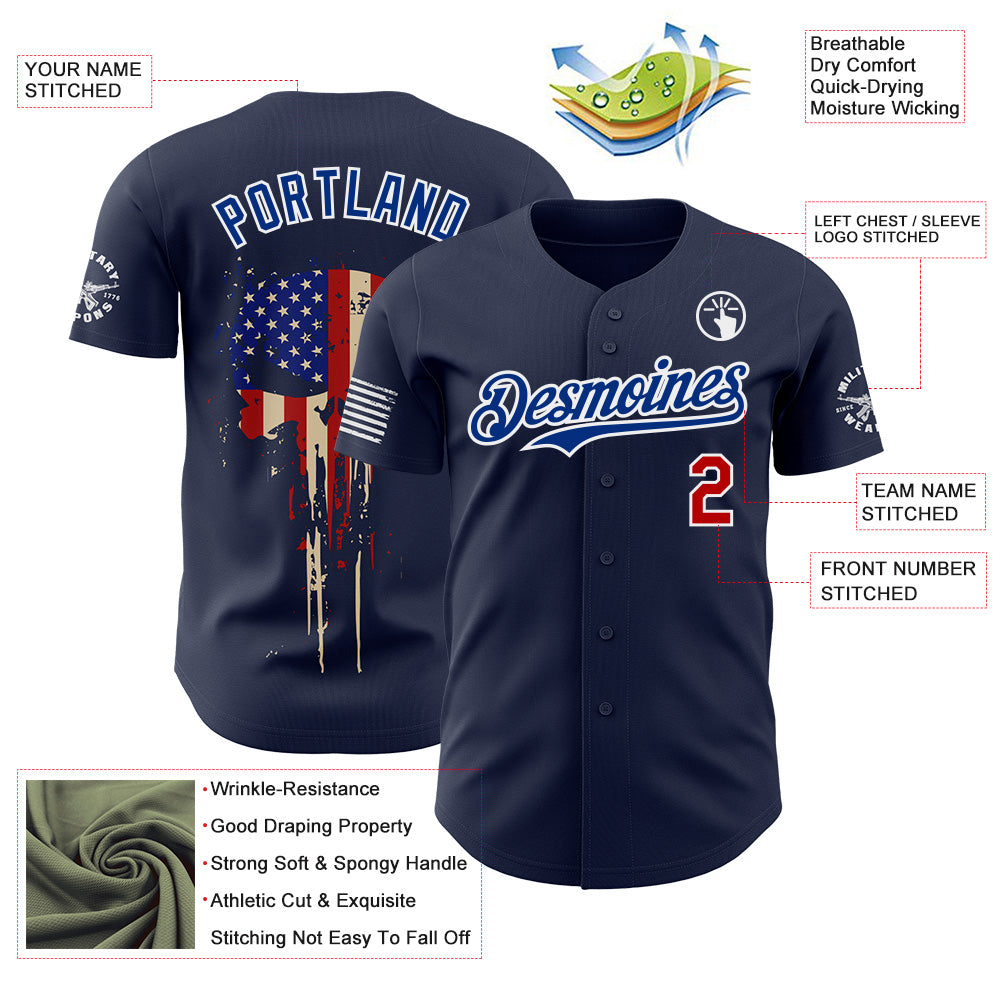 Custom Navy Red White-Royal USA Flag Skull Authentic Baseball Jersey