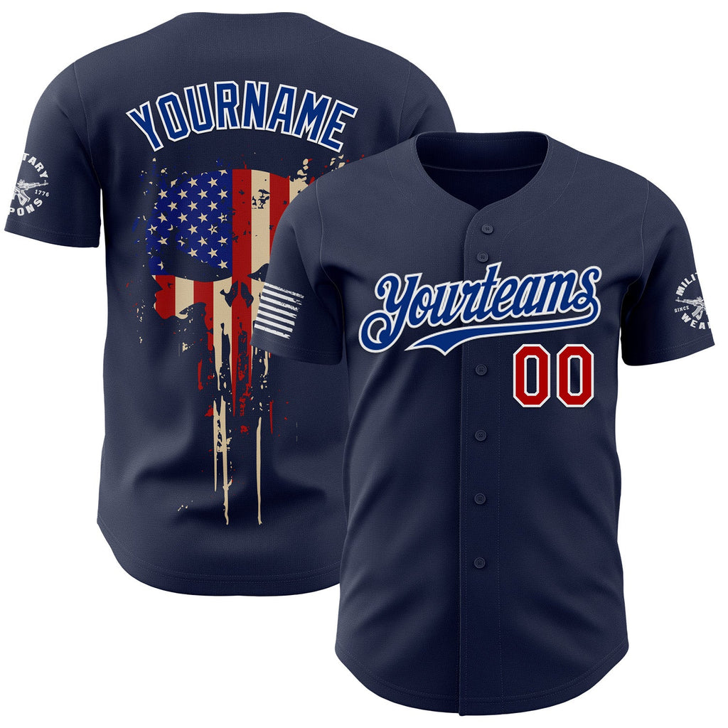 Custom Navy Red White-Royal USA Flag Skull Authentic Baseball Jersey