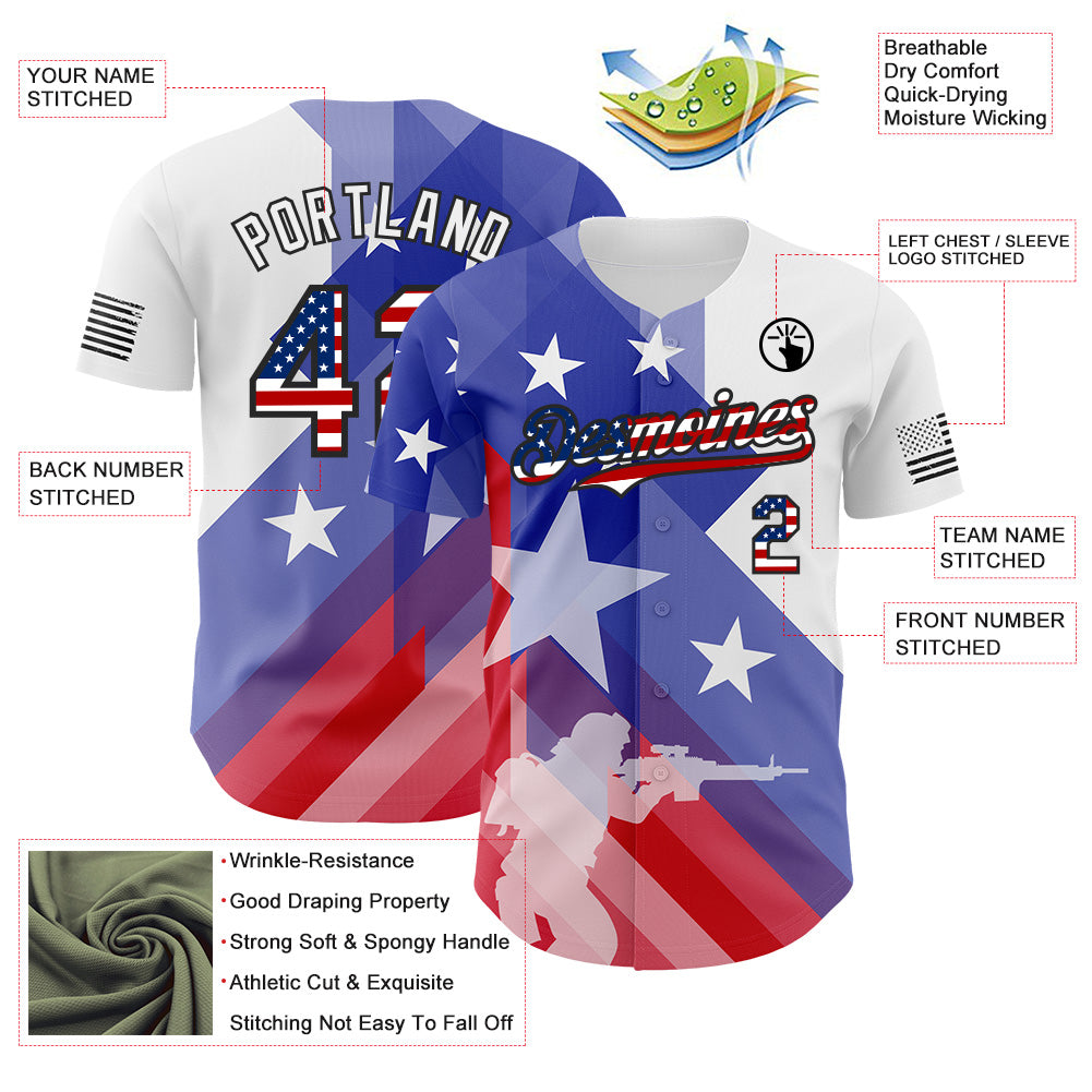 Custom White USA Flag-Black American Soldier Authentic Baseball Jersey