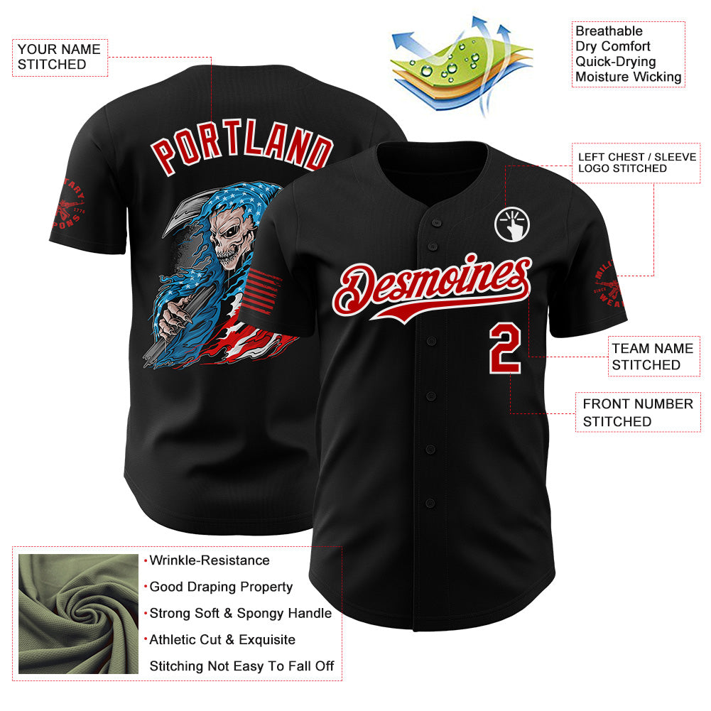 Custom Black Red-White USA American Flag Grim Reaper Skull Authentic Baseball Jersey