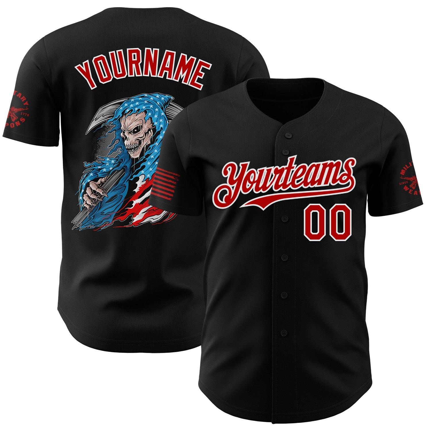 Custom Black Red-White USA American Flag Grim Reaper Skull Authentic Baseball Jersey