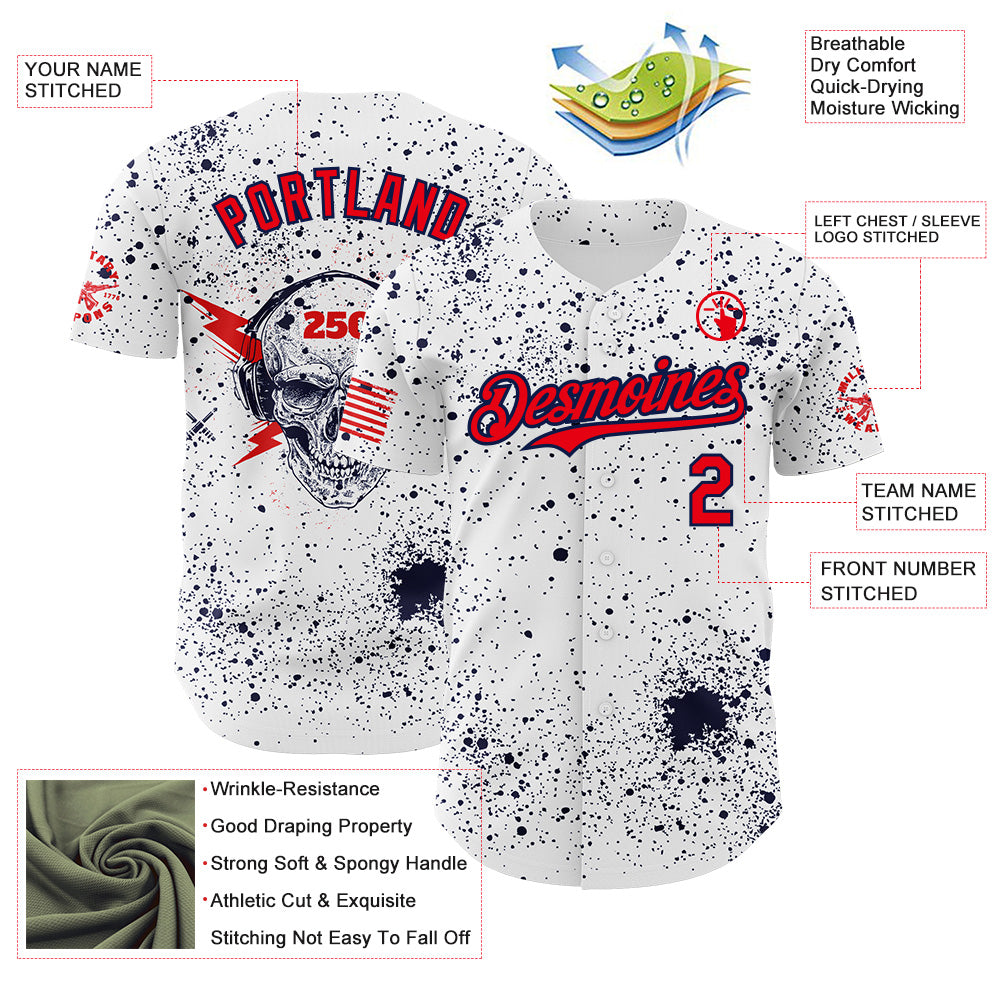 Custom White Fire Red-Navy USA American Flag Music Skull Authentic Baseball Jersey