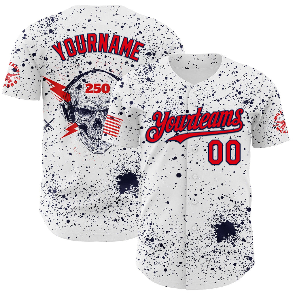 Custom White Fire Red-Navy USA American Flag Music Skull Authentic Baseball Jersey